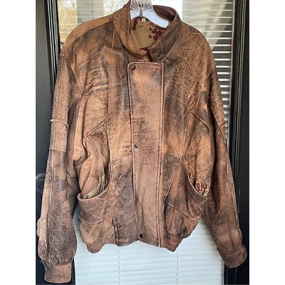 Rare Vintage Leather Jacket Old Hollywood Actors 1950’s German Titles Brown L - Picture 15 of 16